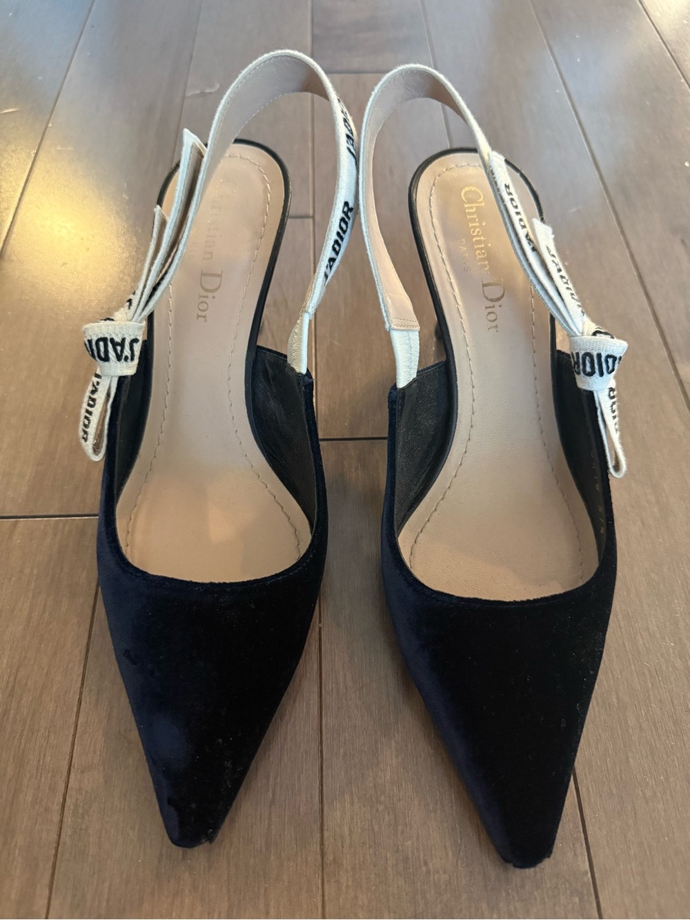 Dior J'Adior Midnight Velvet Pointed-Toe Slingbacks with White Bow Ribbon Strap